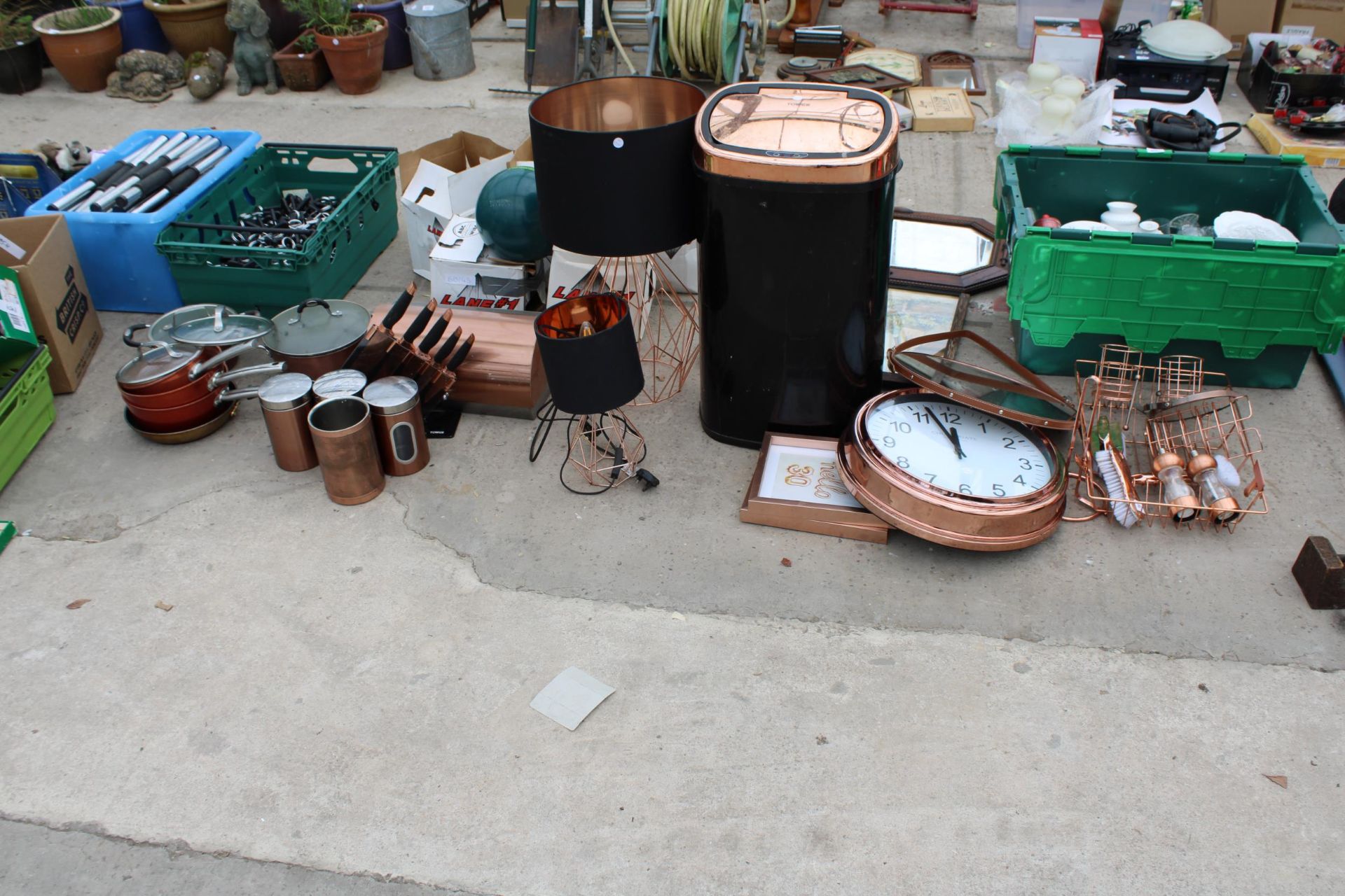 A LARGE ASSORTMENT OF ITEMS TO INCLUDE CLOCKS, MIRRORS, A BIN AND PANS ETC