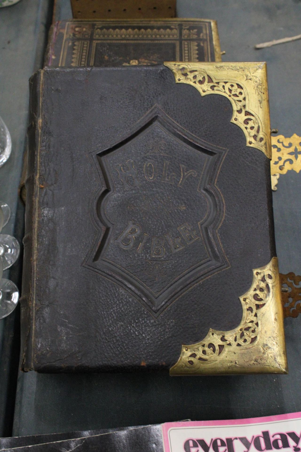 TWO LARGE LEATHER BOUND ANTIQUARIAN BIBLES, ONE WELSH, WITH BRASS CLASPS - Image 2 of 9