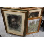 A MULTI MEDIA PICTURE OF CHURCH PLUS TWO FURTHER FRAMED PRINTS OF WOMEN PORTRAITS.