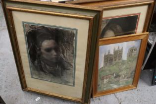 A MULTI MEDIA PICTURE OF CHURCH PLUS TWO FURTHER FRAMED PRINTS OF WOMEN PORTRAITS.