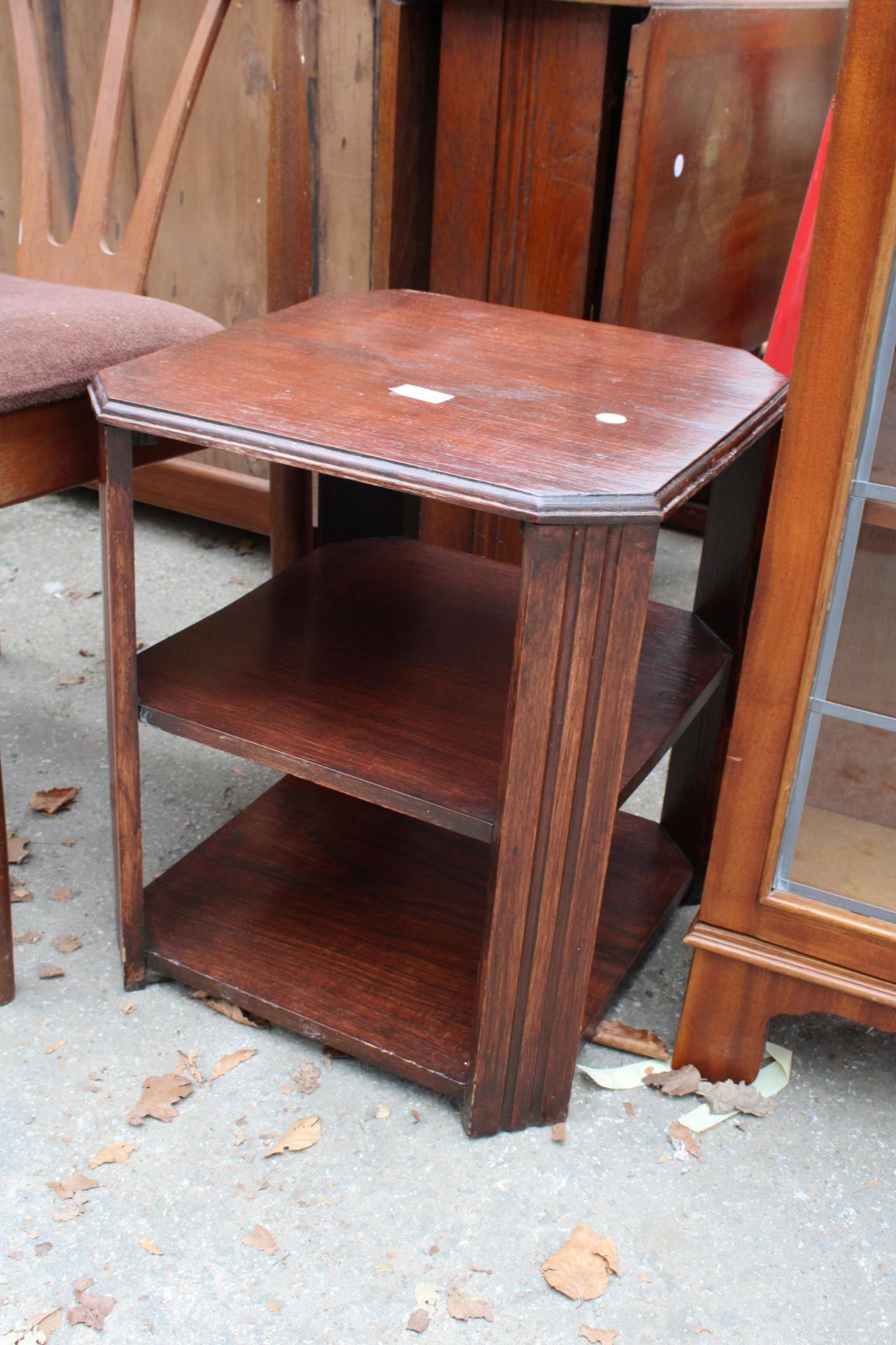 A MID 20TH CENTURY THREE TIER TABLE WITH CANTED CORNERS 16" SQUARE AND RETRO TEAK CARVED CHAIR - Image 2 of 2