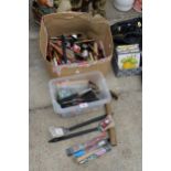AN ASSORTMENT OF ITEMS TO INCLUDE PAINT BRUSHES AND HAMMERS ETC