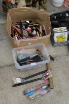AN ASSORTMENT OF ITEMS TO INCLUDE PAINT BRUSHES AND HAMMERS ETC