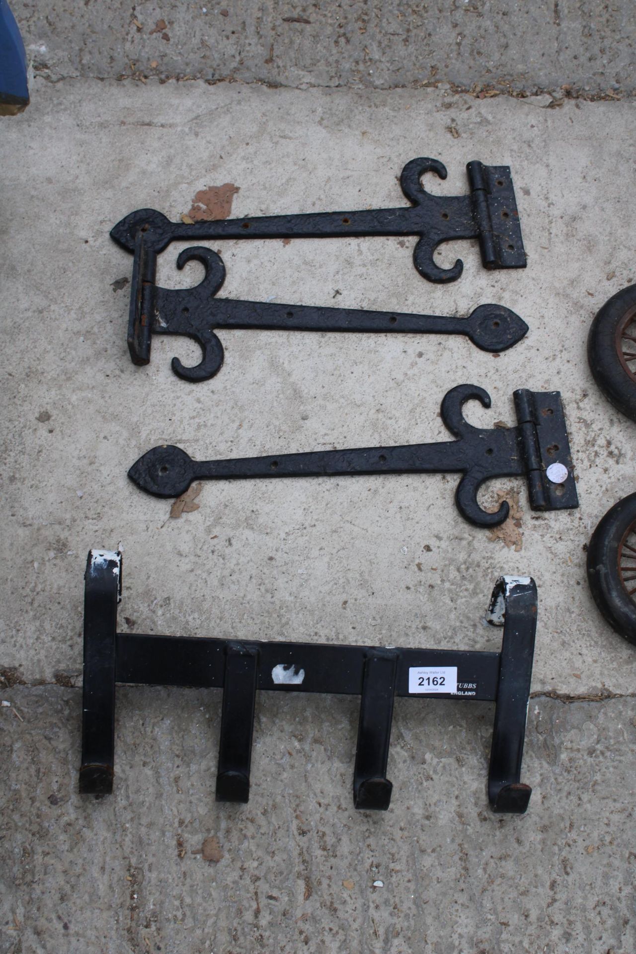 THREE HEAVY METAL GATE HINGES AND A COAT HOOK
