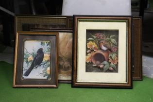 FIVE ANIMAL THEMED PRINTS TO INCLUDE TWO DOGS AND A 3-D ROBIN
