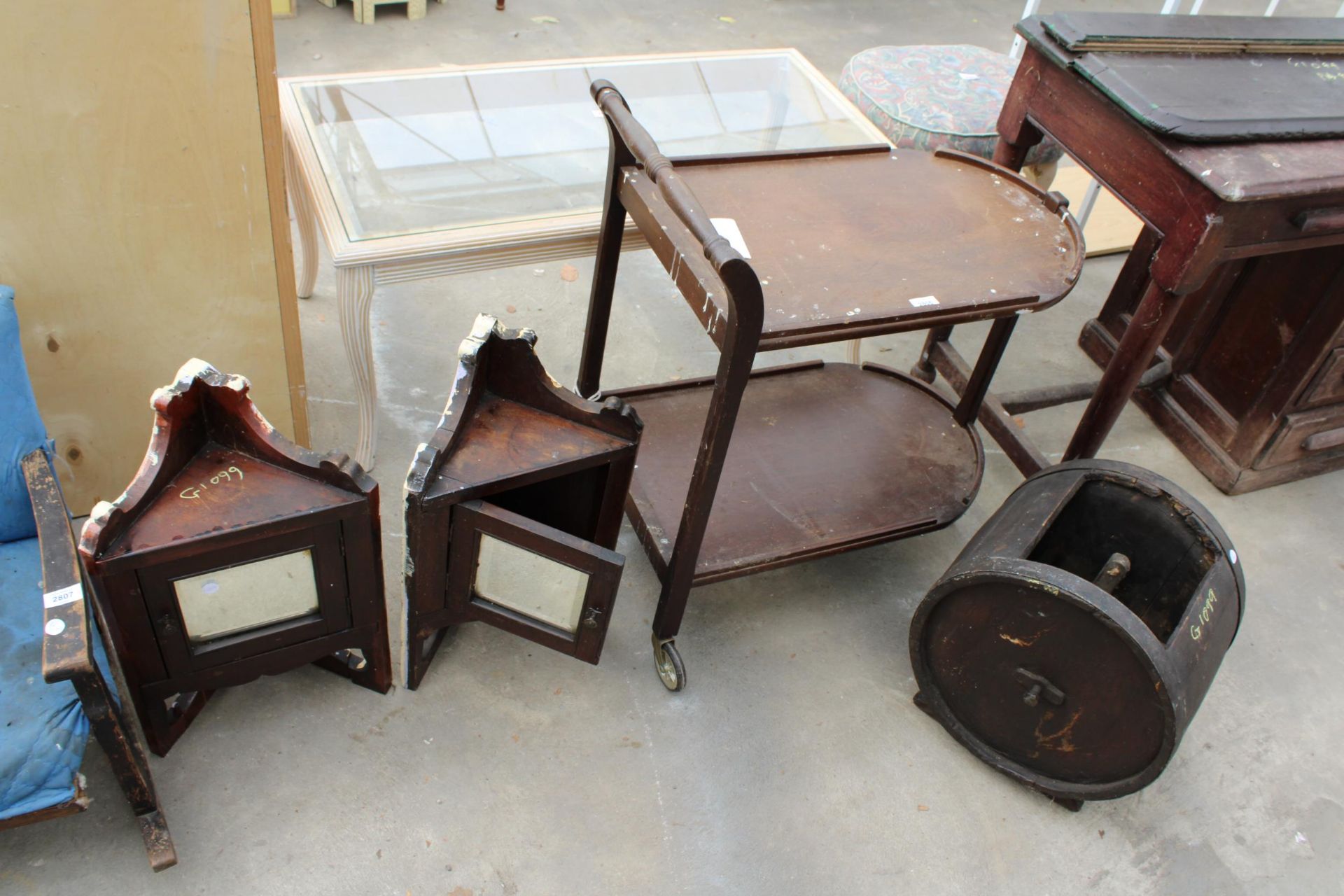 A BUTTER CHURN CARCASS, TWO TIER TROLLEY AND A PAIR OF DRESSING TABLE MIRRORED CORNERS