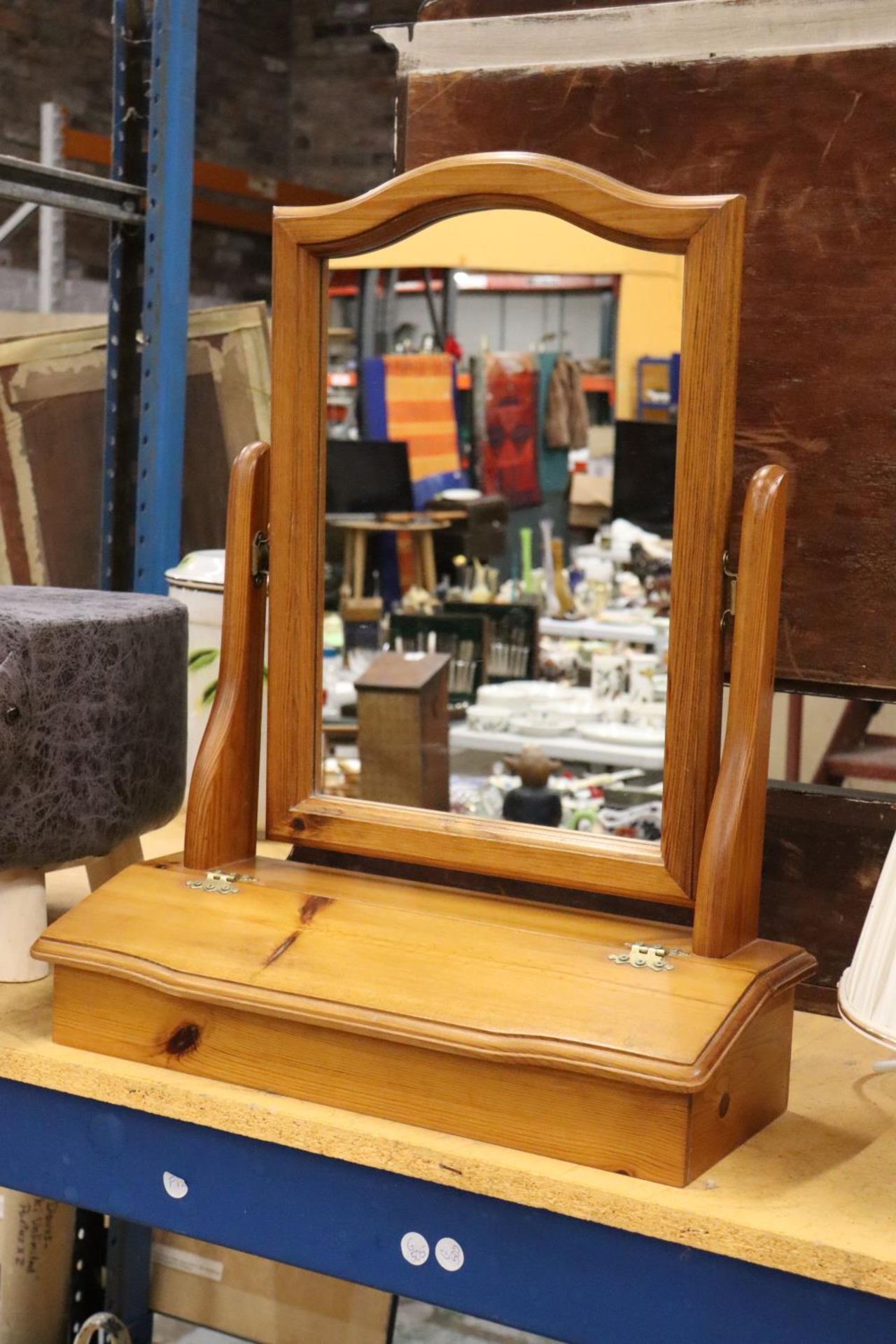 A PINE TOILET MIRROR WITH STORAGE TO THE BASE - Image 2 of 5