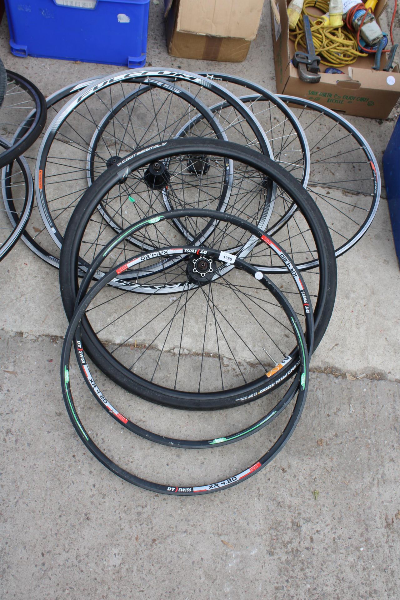 SEVEN VARIOUS BIKE WHEELS, TYRES AND RIMS ETC