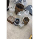 AN ASSORTMENT OF ITEMS TO INCLUDE TWO VINTAGE COPPER PLANTERS, GLASS DEMI JOHNS AND HARDWARE ETC