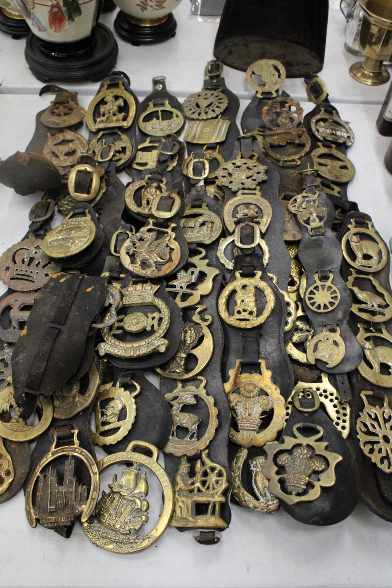 A LARGE COLLECTION OF HORSE BRASSES ON LEATHER STRAPS