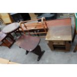 AN OAK LINENFOLD TABLE/MAGAZINE RACK, FIVE BAR TOWEL RAIL, EDWARDIAN CENTRE TABLE AND FURTHER OAK