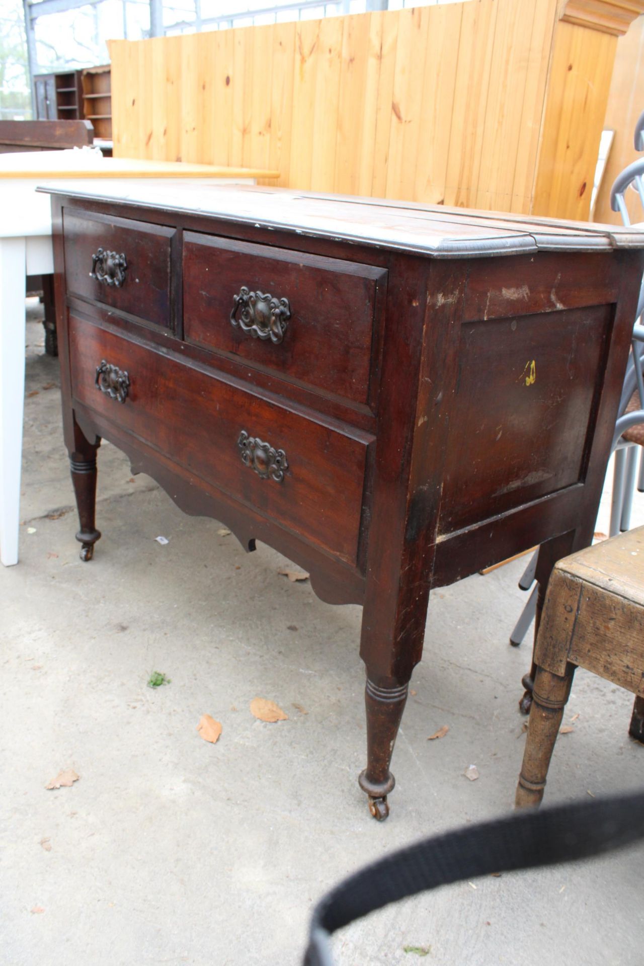 A LATE VICTORIAN CHEST OF TWO SHORT AND ONE LONG DRAWER, 42" WIDE - Image 2 of 4