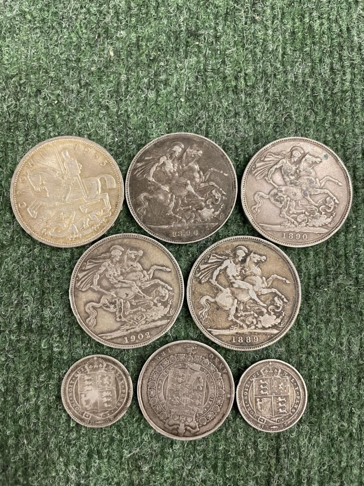 FIVE SILVER CROWNS , 1889, 90, 96, 1902 AND 1935, AN 1823 HALF CROWN AND TWO 1887 SHILLINGS