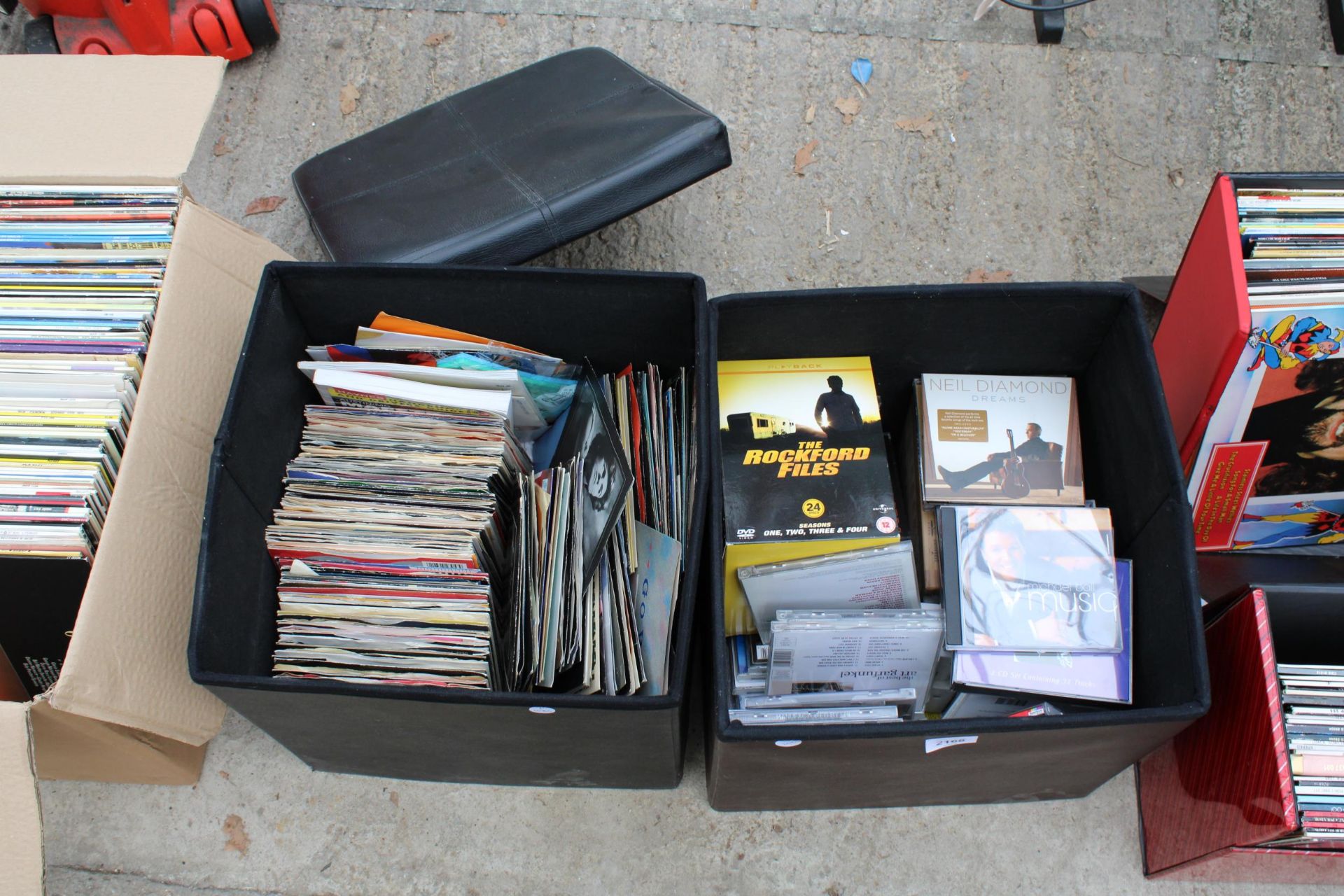 A QUANTITY OF DVDS, CDS AND SINGLES (TWO BOXES)