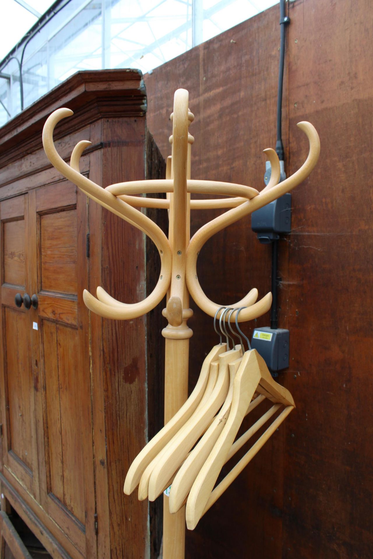 A BENTWOOD COAT/STICK STAND AND FIVE WOODEN HANGERS - Image 2 of 3