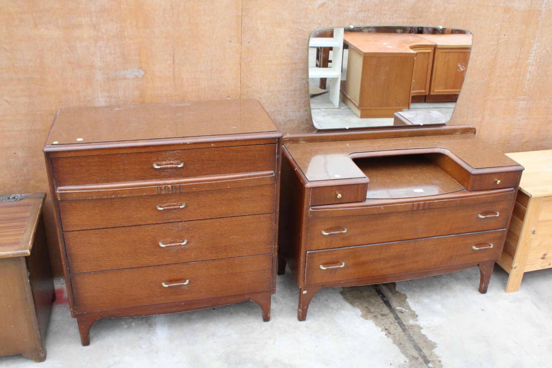A RETRO LEBUS OAK CHEST OF FOUR DRAWERS, 31" WIDE, AND MATCHING DRESSING CHEST, 37" WIDE