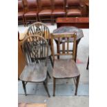 A PAIR OF WHEEL-BACK DINING CHAIRS, BAMBOO OCCASIONAL TABLE AND ELM/BEECH KITCHEN CHAIR