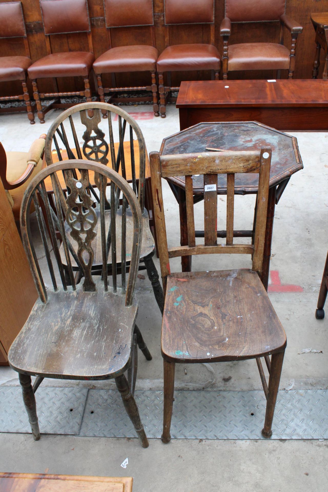 A PAIR OF WHEEL-BACK DINING CHAIRS, BAMBOO OCCASIONAL TABLE AND ELM/BEECH KITCHEN CHAIR