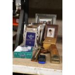 A MIXED LOT TO INCLUDE PHOTO FRAMES, BOXES, A PIPE, SAMSUNG PHONE, NATIVITY SET, ETC