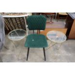 A PAIR OF 16" DIAMETER METAL FRAMED GLASS TOPPED OCCASIONAL TABLES AND DUNELM UPHOLSTERED DINING