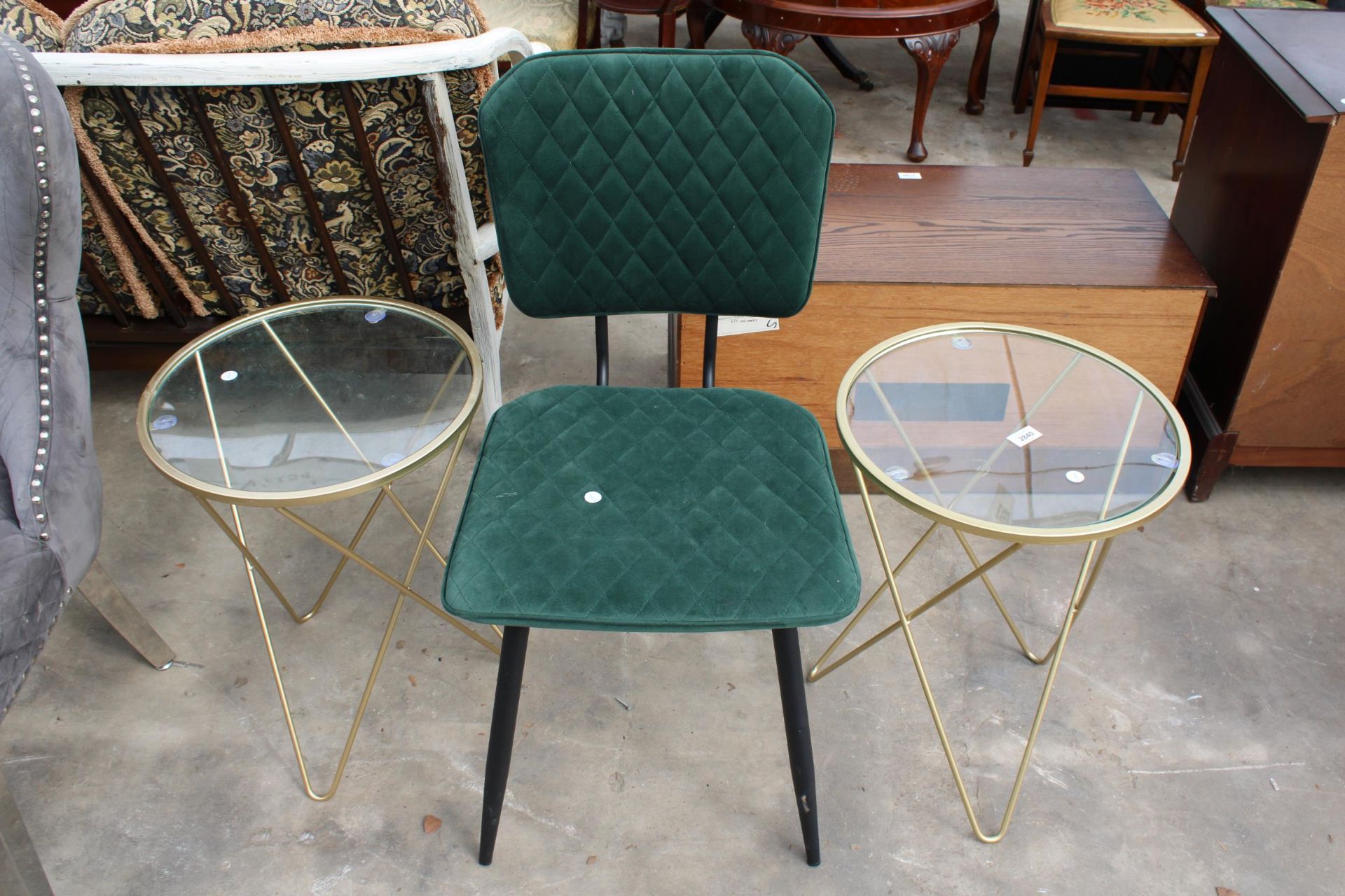 A PAIR OF 16" DIAMETER METAL FRAMED GLASS TOPPED OCCASIONAL TABLES AND DUNELM UPHOLSTERED DINING