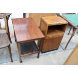 A MID 20TH CENTURY OAK BEDSIDE LOCKER AND MODERN MAHOGANY TWO TIER FOLD OVER TROLLEY WITH DETACHABLE