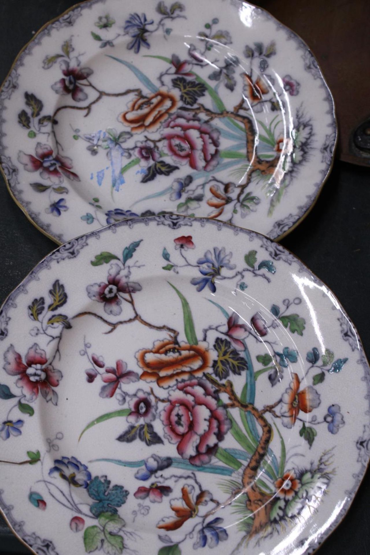 TWO COPPER PAN LIDS AND THREE VICTORIAN INDIAN TREE PLATES - Image 3 of 4