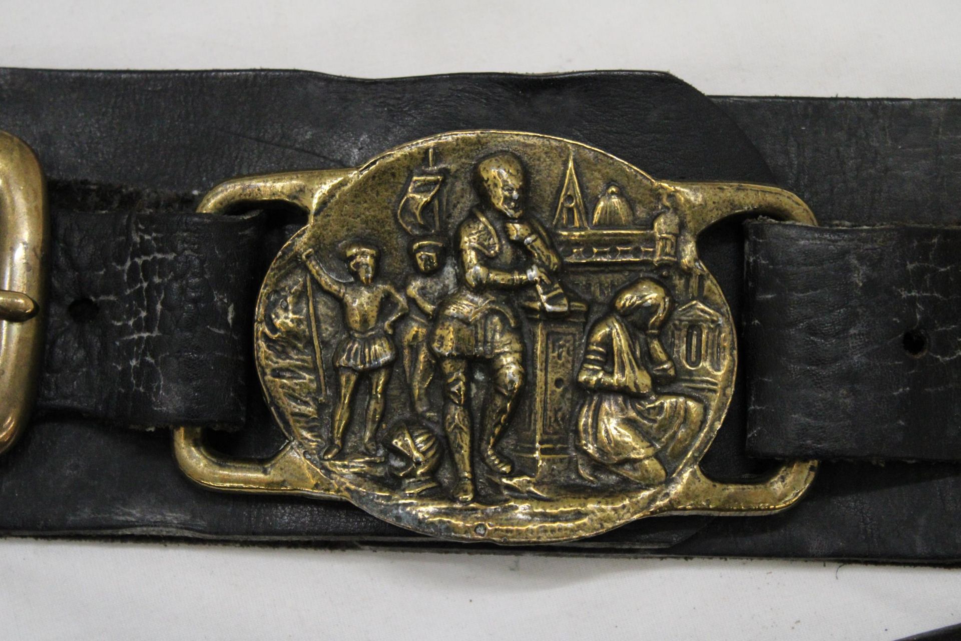 TWO HORSE BRASSES ON LEATHER STRAPS - Image 3 of 6
