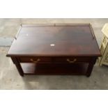 A MODERN HARDWOOD LOW SIDE TABLE WITH TWO DRAWERS AND BRASS GALLERY, 39" WIDE