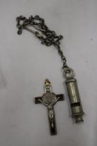 A VINTAGE 1939, J HUDSON & CO, BIRMINGHAM WHISTLE PLUS A RELIGIOUS 'INRI' PENDANT DEPICTING JESUS ON