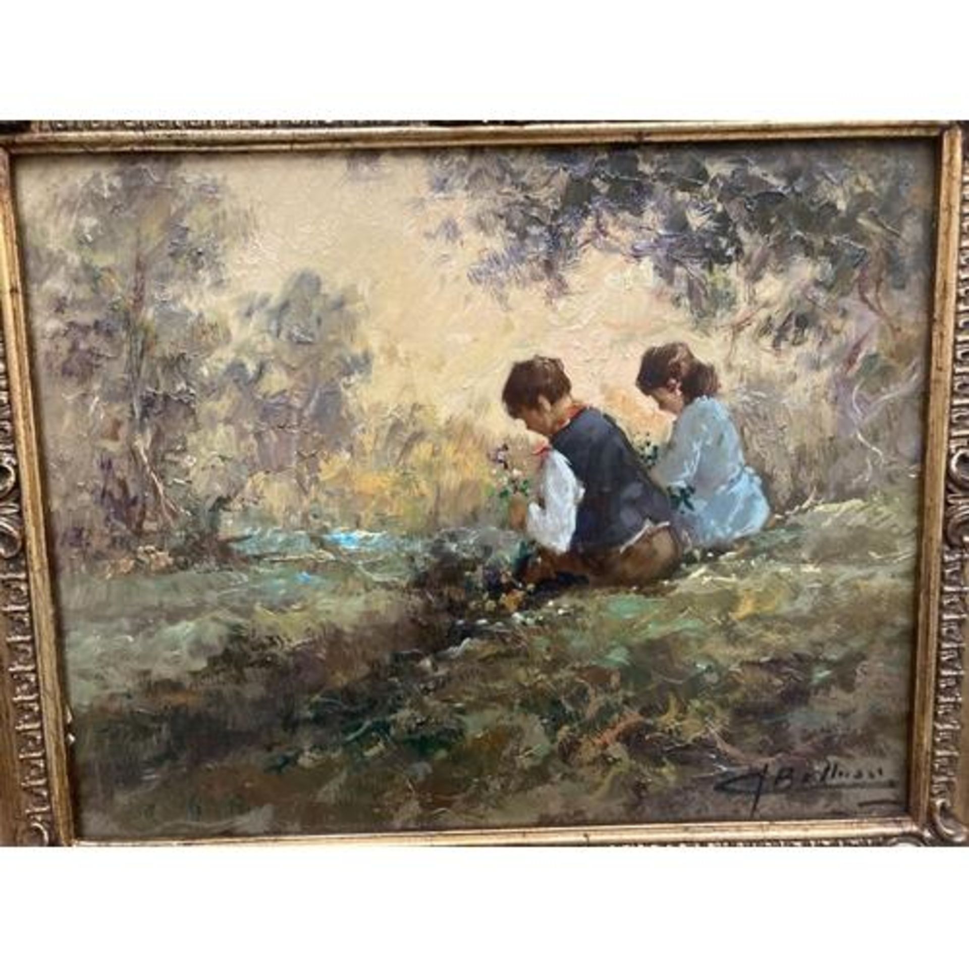 A GILT FRAMED OIL ON BOARD OF TWO CHILDREN BY A RIVER SIGNED 29.5CM X 23CM - Image 2 of 3