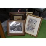 SIX FRAMED PRINTS TO INCLUDE TWO SIR WILLIAM FLINT RUSSEELL, ERIC CANTONA, LAUREL AND HARDY, CEREBOS