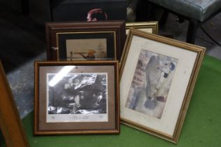 SIX FRAMED PRINTS TO INCLUDE TWO SIR WILLIAM FLINT RUSSEELL, ERIC CANTONA, LAUREL AND HARDY, CEREBOS