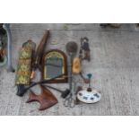 AN ASSORTMENT OF ITEMS TO INCLUDE A MIRROR, VINTAGE PARASOL AND A WOODEN FISH ETC