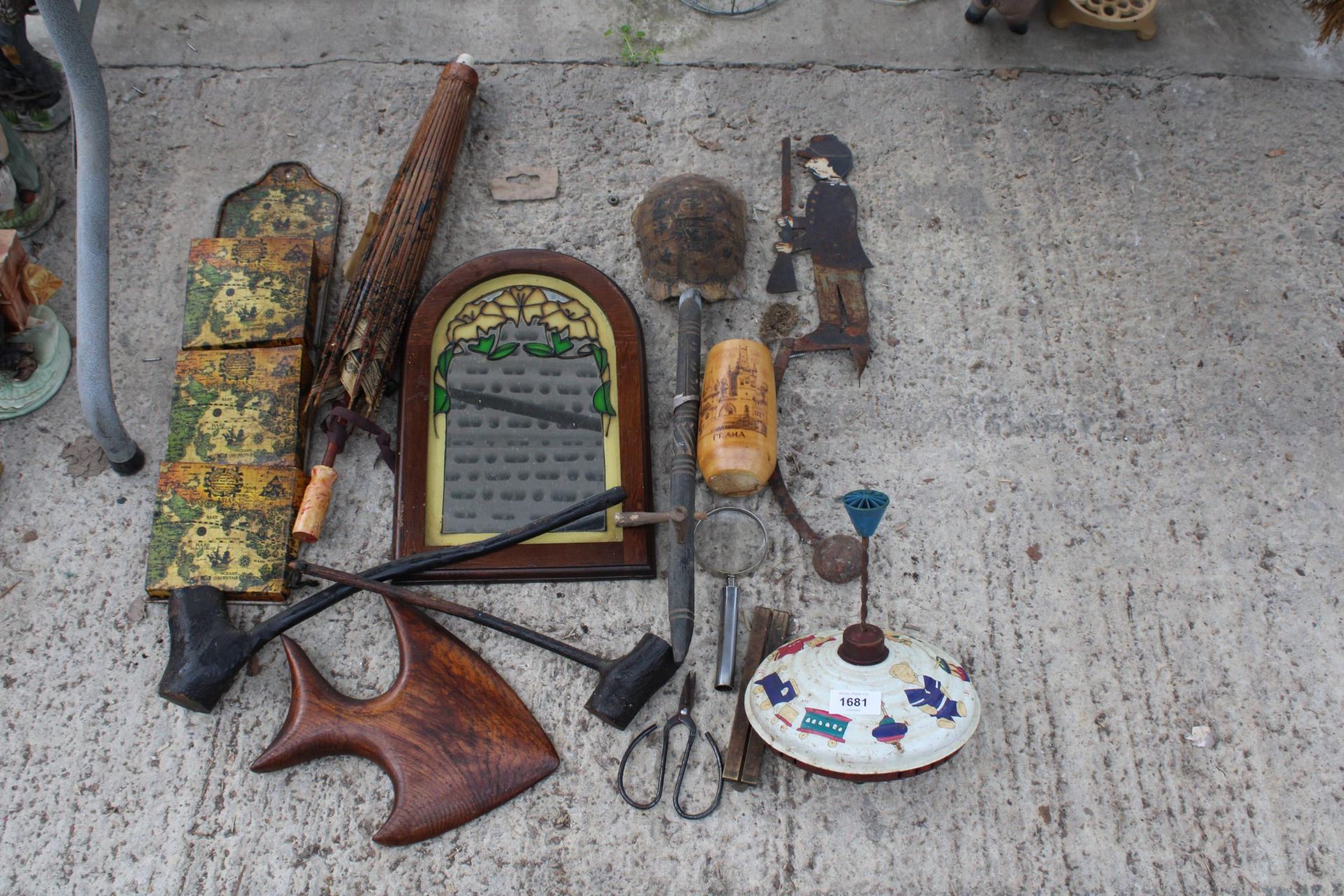 AN ASSORTMENT OF ITEMS TO INCLUDE A MIRROR, VINTAGE PARASOL AND A WOODEN FISH ETC