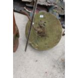 A VINTAGE GRIND STONE WHEEL WITH HANDLE