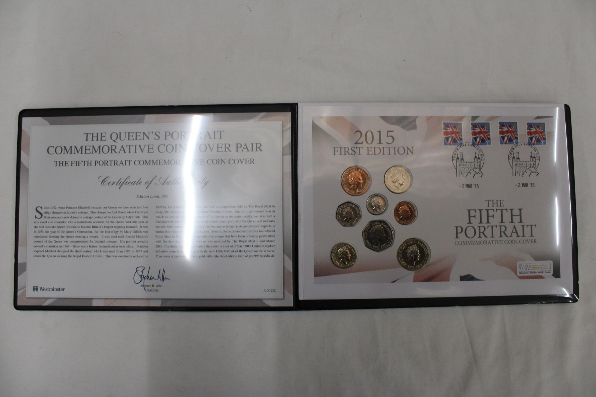 A 2015 FIRST EDITION FIFTH PORTRAIT COMMEMORATIVE COIN COVER WITH CERTIFICATE OF AUTHENTICITY