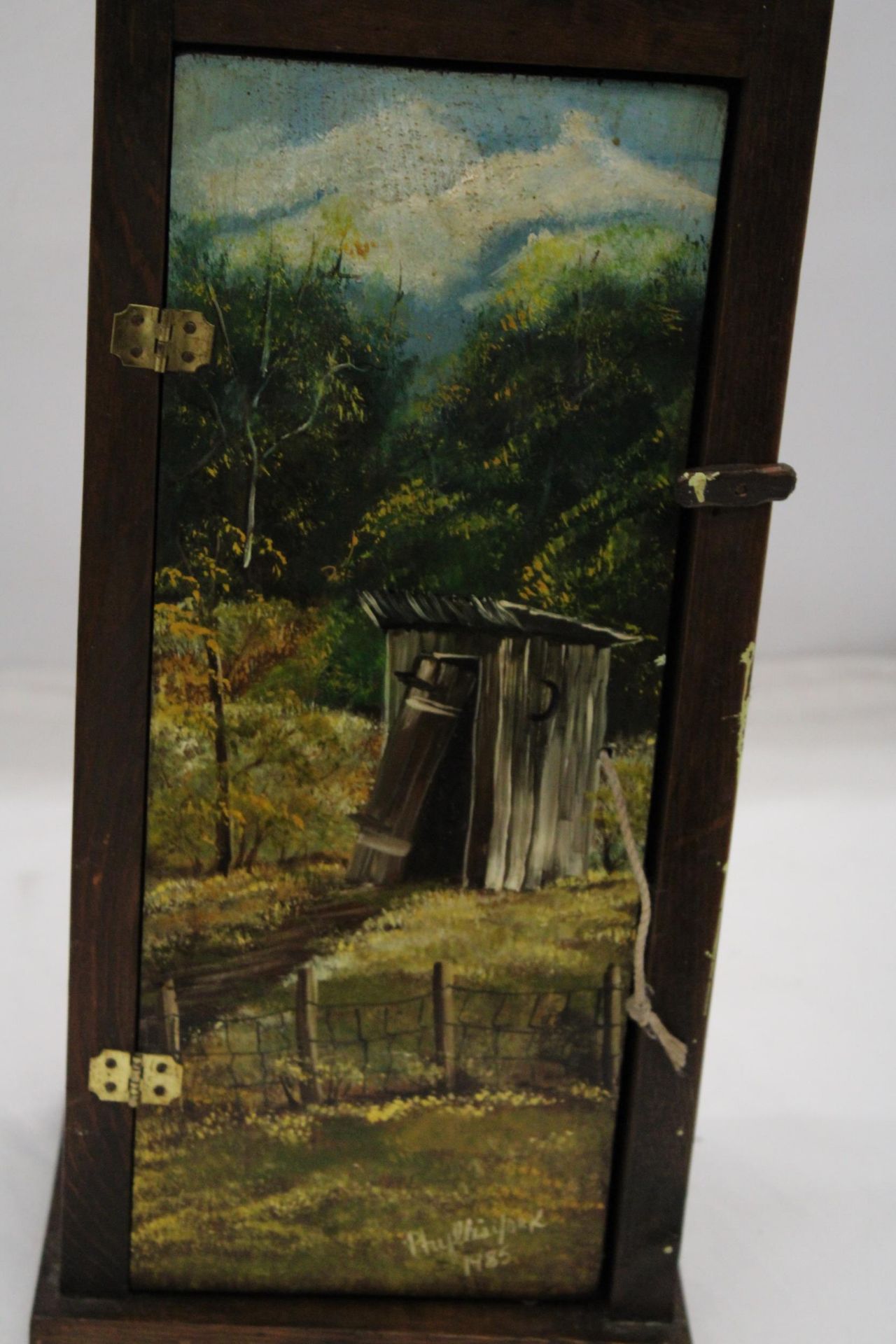 A SMALL 'OUTHOUSE' STYLE CUPBOARD WITH PAINTED FRONT, HEIGHT 46CM - Image 3 of 5