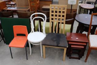 A NEST OF THREE TABLES, BENTWOOD CHAIR, DINING CHAIR AND CHILDS CHAIR