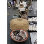 A MASON'S MANDALAY TABLE LAMP, JAPANESE JUG AND BOWL, STONEWARE CASSEROLE DISH WITH RABBIT AND