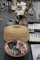 A MASON'S MANDALAY TABLE LAMP, JAPANESE JUG AND BOWL, STONEWARE CASSEROLE DISH WITH RABBIT AND