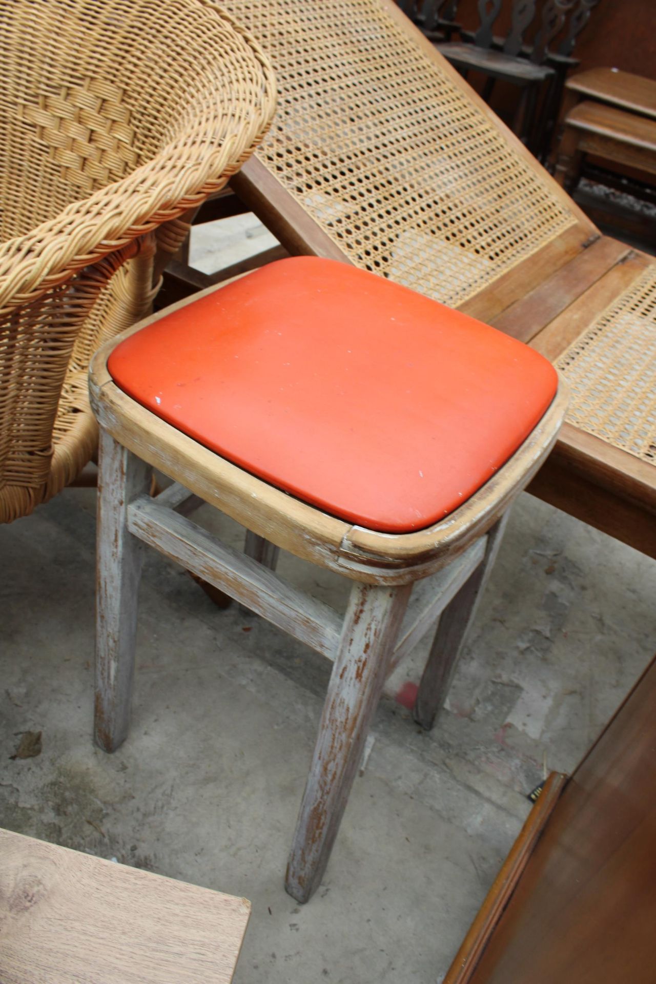 A WICKER CONSERVATORY CHAIR, 1950'S STOOL, NEST OF TWO TABLES AND SMALL CORNER CUPBOARD - Image 2 of 4