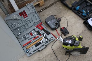AN ASSORTMENT OF TOOLS TO INCLUDE A RYOBI CIRCULAR SAW AND A TOOL SET