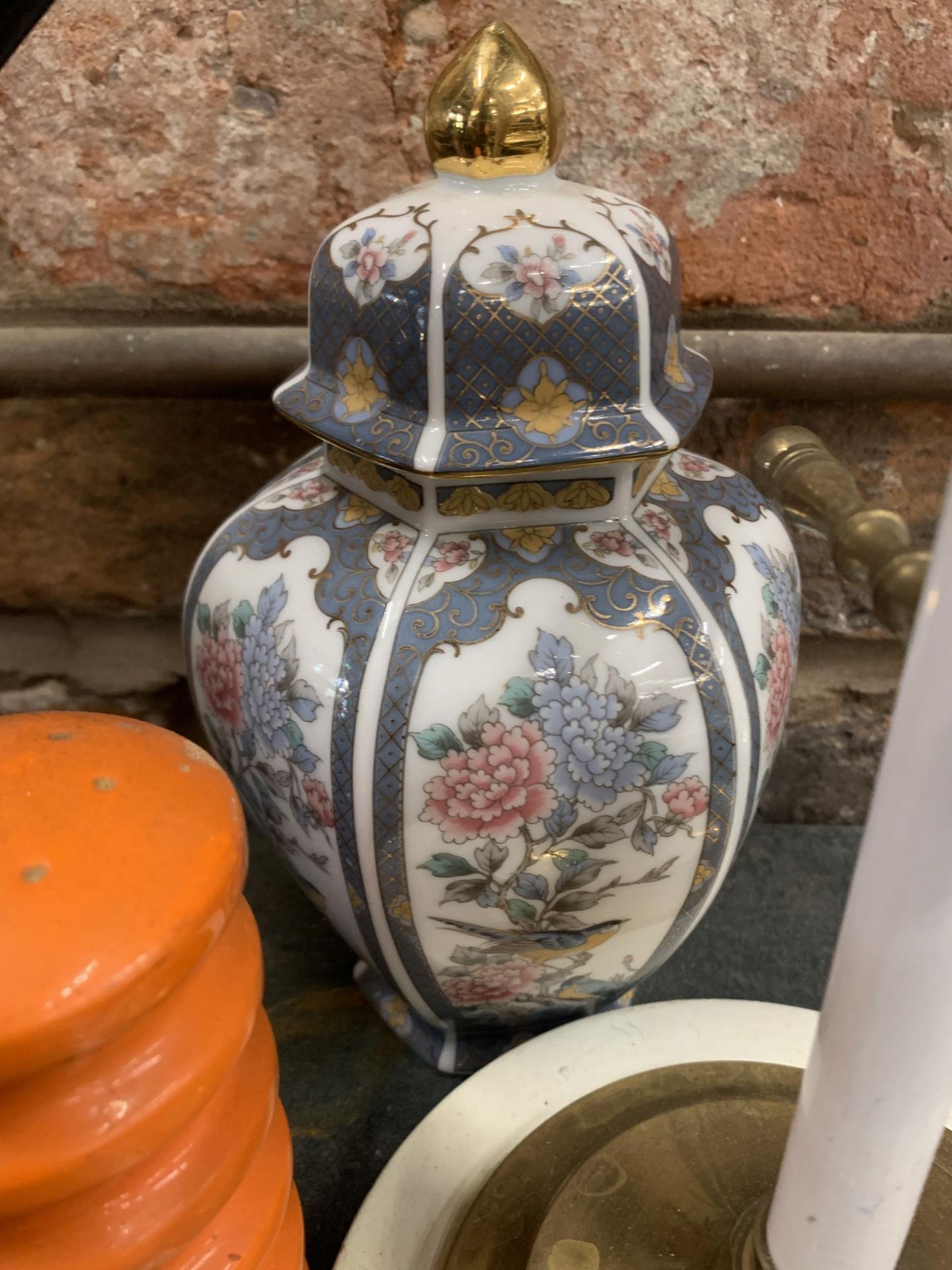 A DENBIGHWARE FLORAL WALL POCKET, ORIENTAL PAINTED EGGS, LIDDED JAR, SILVER PLATED CANDLESTICK, BELL - Image 4 of 4