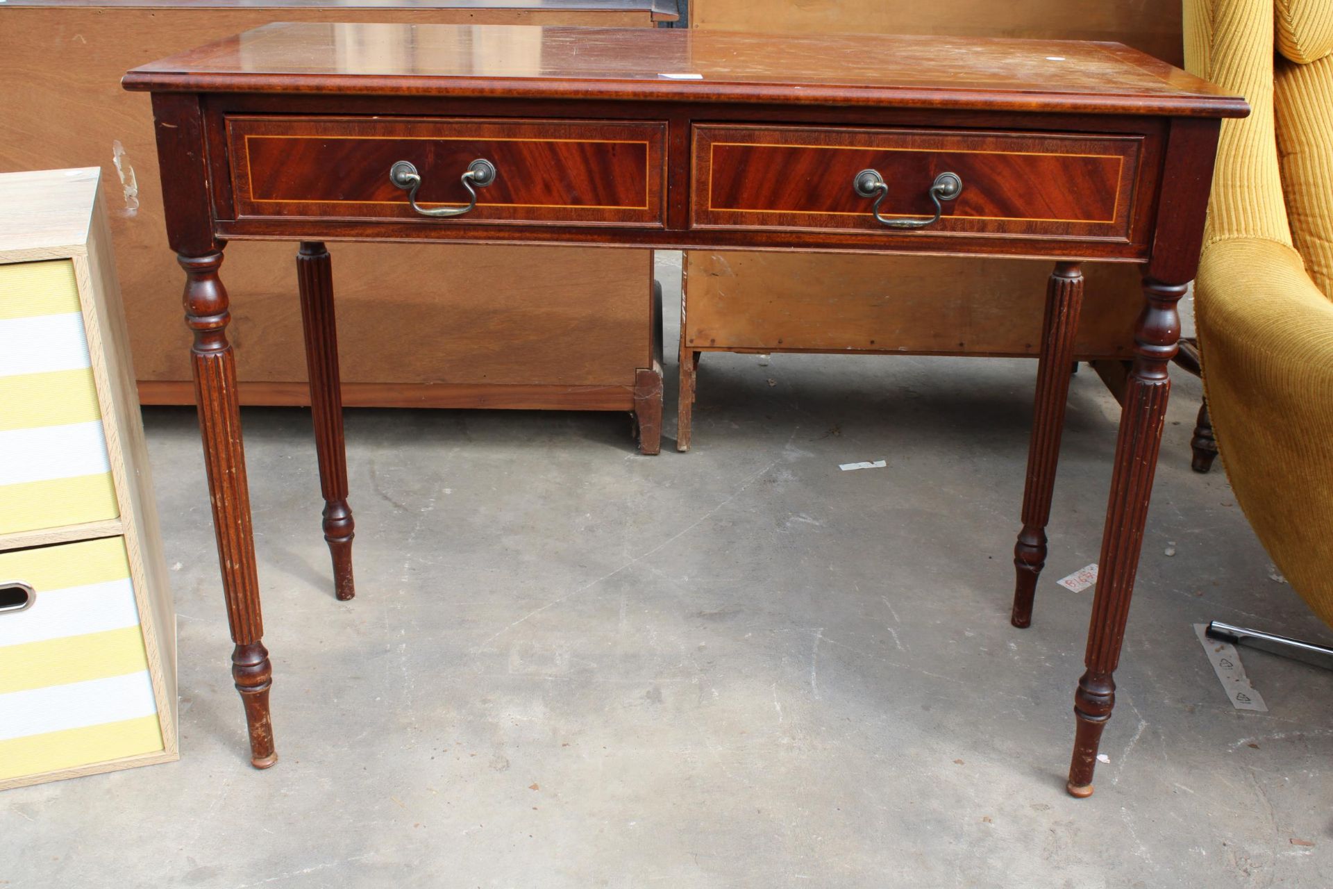 A MODERN MAHOGANY AND INLAID TWO DRAWER SIDE TABLE AND TWO BATHROOM CHESTS - Image 2 of 3