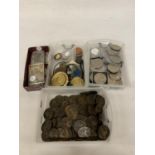 A LARGE COLLECTION OF COINS TO INCLUDE A BOX OF 19TH CENTURY PENNIES, SMALL PLAQUES ETC