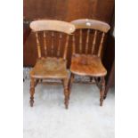 TWO VICTORIAN ELM KITCHEN CHAIRS WITH TURNED LEGS AND UPRIGHTS