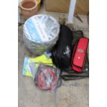 AN ASSORTMENT OF CAR ITEMS TO INCLUDE WHEEL COVERS AND JUMP LEADS ETC