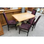 A MODERN HARDWOOD DINING TABLE ON YELLOW BASE AND FOUR COTTAGE FURNITURE LTD DINING CHAIRS