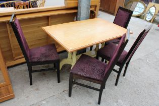 A MODERN HARDWOOD DINING TABLE ON YELLOW BASE AND FOUR COTTAGE FURNITURE LTD DINING CHAIRS